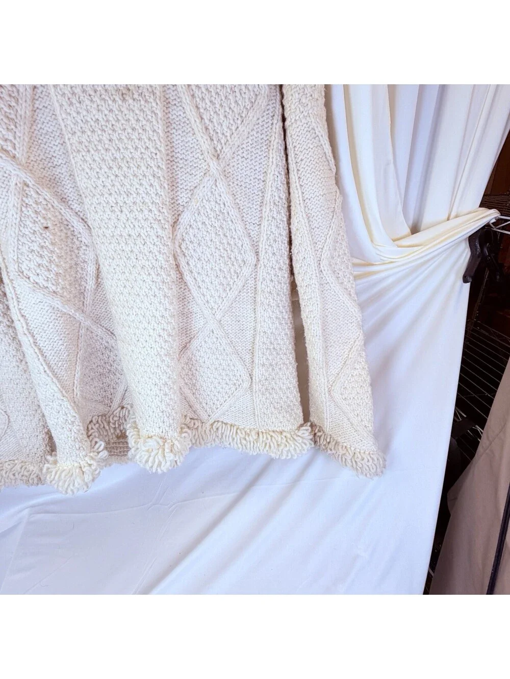 World Of Wool Vintage Cableknit Fisherman Sweater Ivory Heavy Full Zip XL